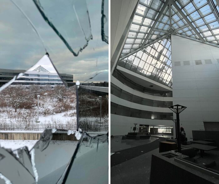 Urban explorers capture an abandoned building with a shattered window, revealing a snowy landscape and modern interior.