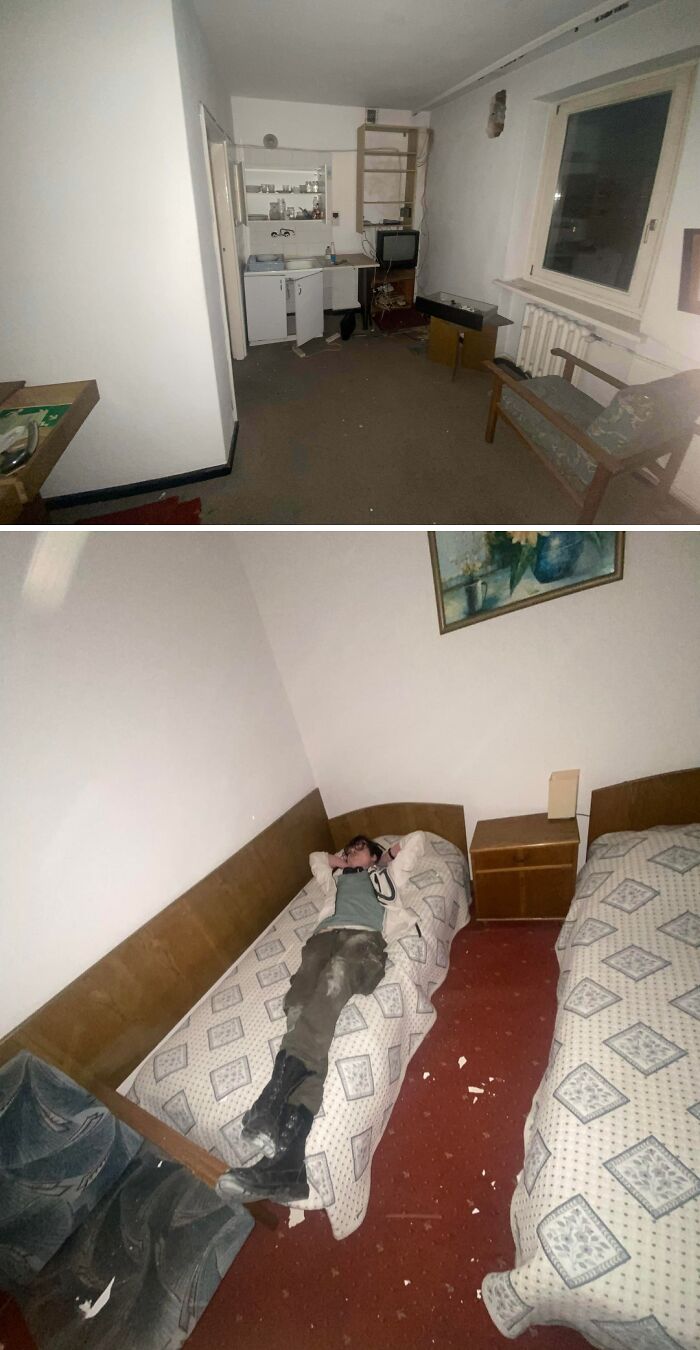 Urban explorers stumbled upon unexpected, deserted rooms, including a small kitchen area and a bedroom with twin beds.