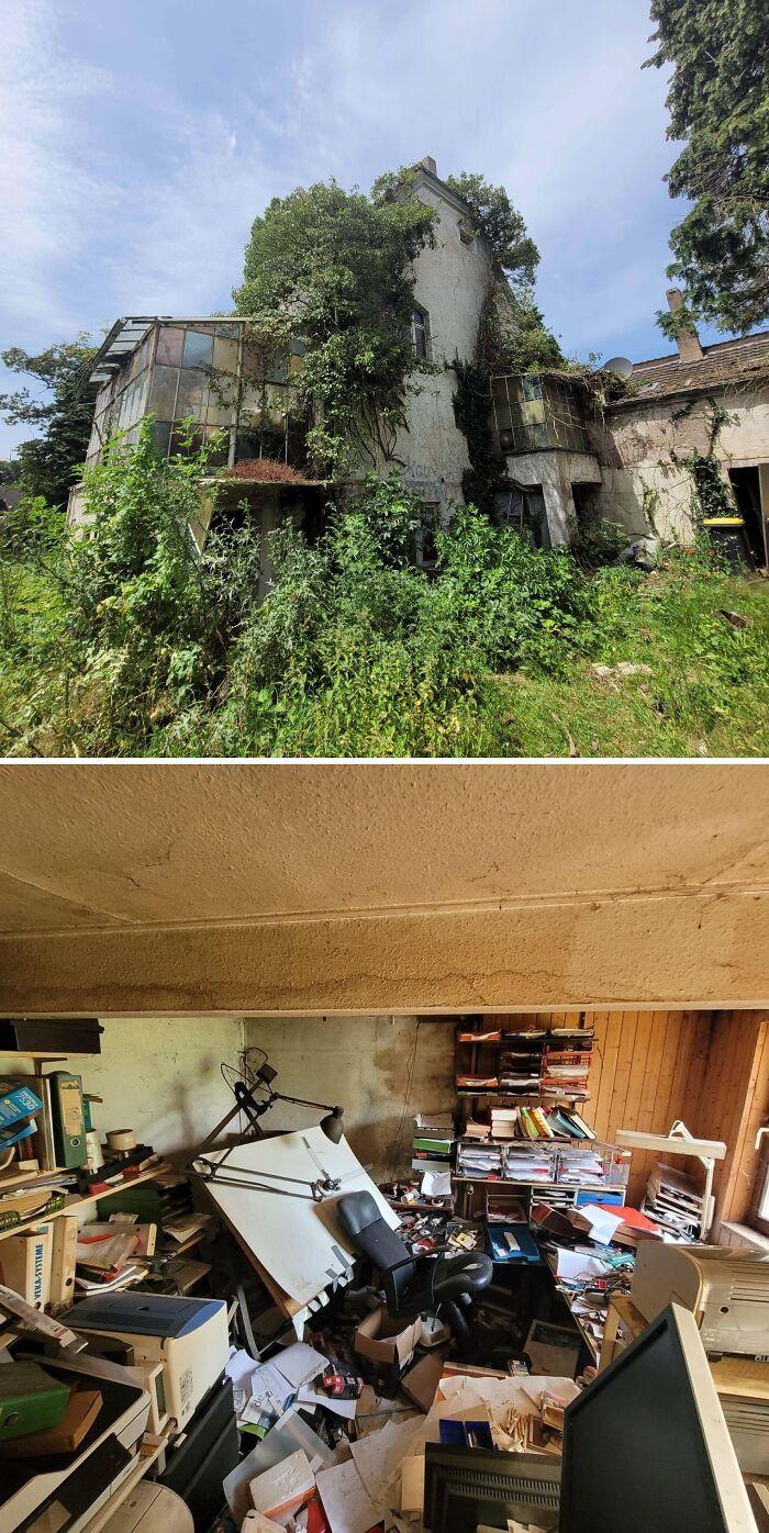 Urban explorers stumbled upon an unexpected, dilapidated building, overtaken by greenery and a cluttered, abandoned office.