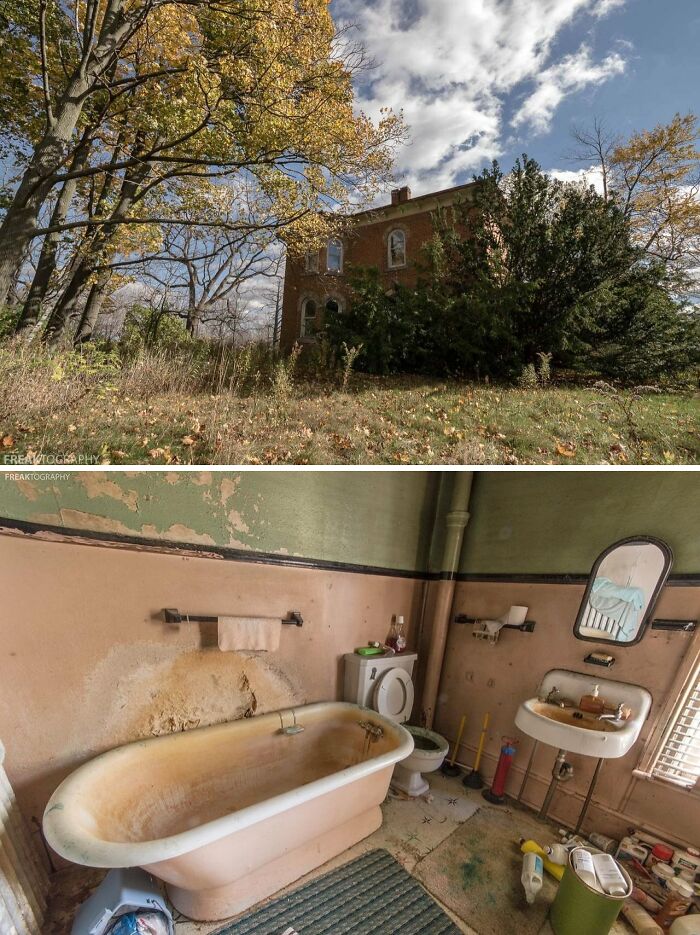 Urban explorers found an abandoned house with a dilapidated bathroom, featuring a clawfoot tub and peeling paint.