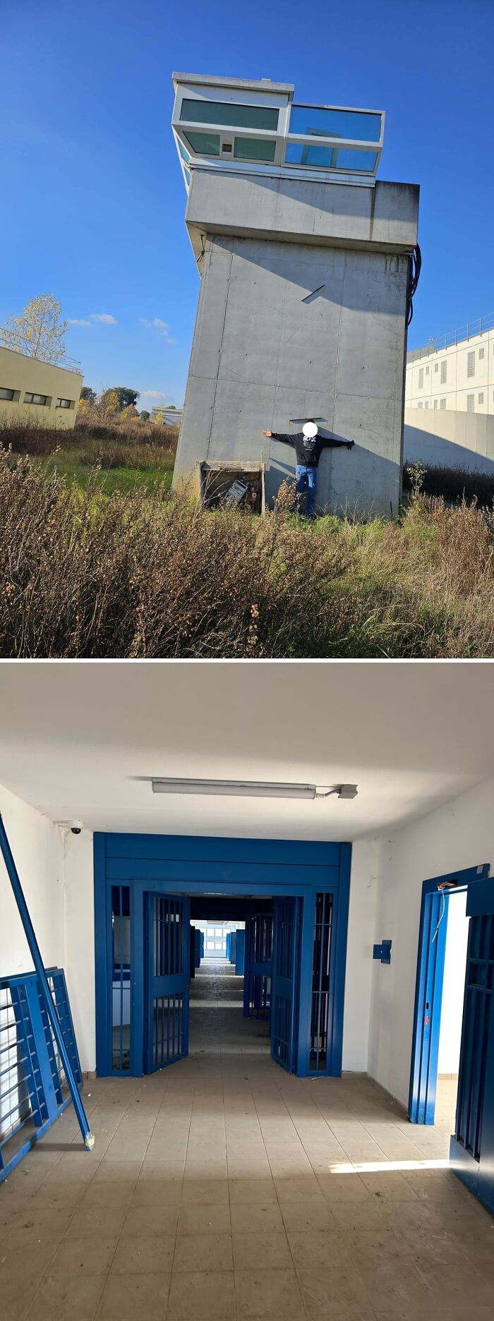 Urban explorers stumbled upon an unexpected concrete watchtower and an eerie, empty hallway with blue doors.