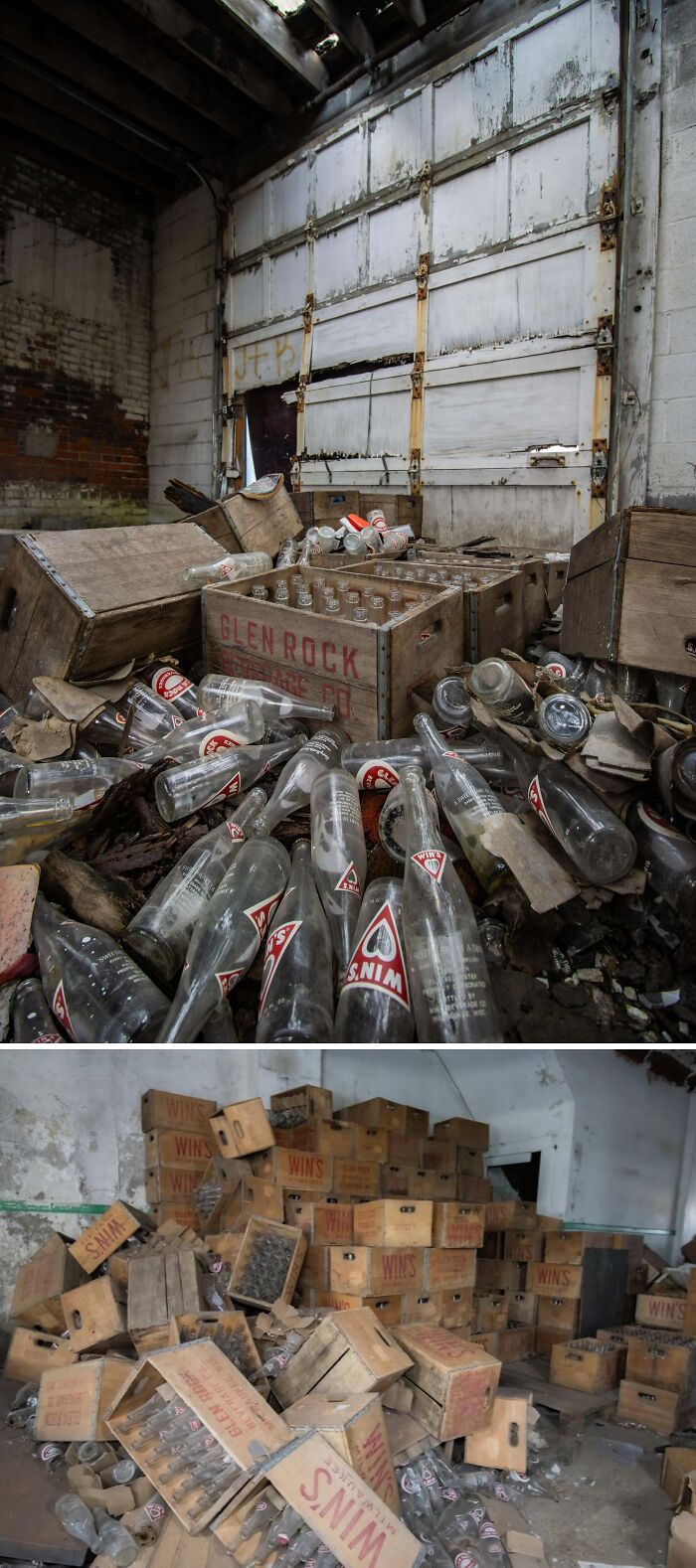 Urban explorers stumbled upon a room filled with countless old glass bottles and wooden crates, an unexpected find in an abandoned space.