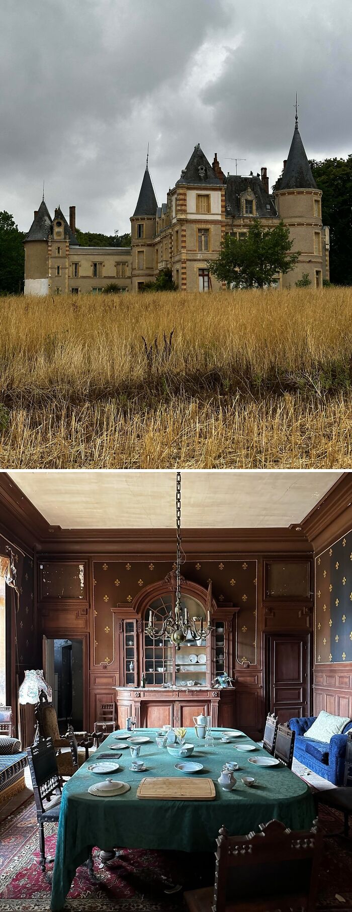 Urban explorers discovered an imposing chateau behind a field and an ornate, abandoned dining room inside.