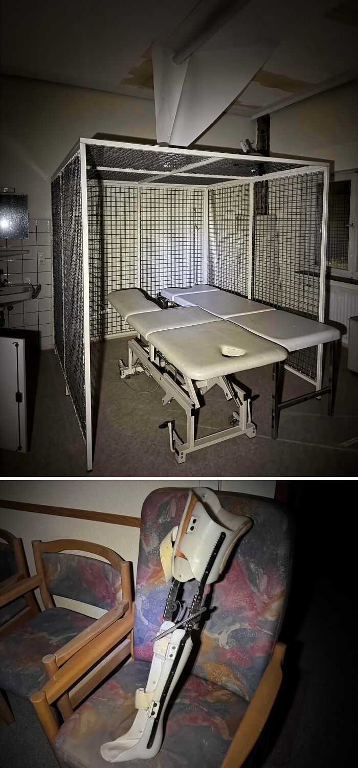 Urban explorers found an abandoned medical room with a caged examination table and a prosthetic leg on a chair.