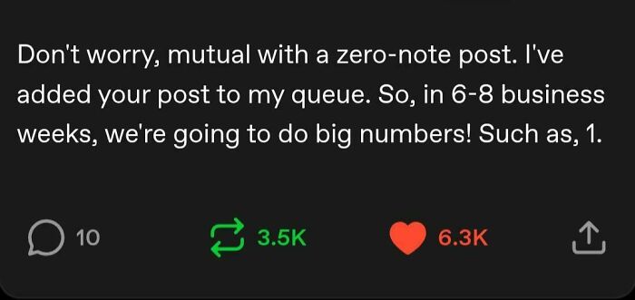 A Tumblr post about internet chaos, with a humorous promise to reblog a zero-note post in 6-8 business weeks for big numbers.