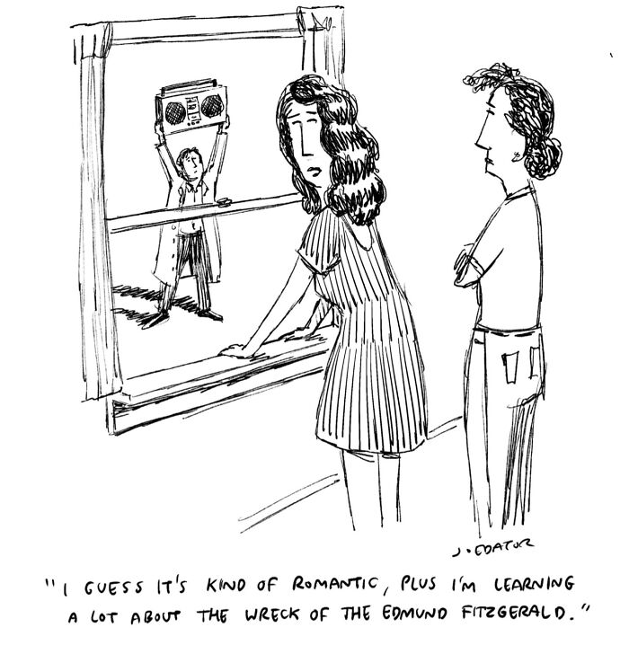 A brilliant single panel cartoonist illustration shows a cartoon man holding a boombox outside a window, serenading two women.