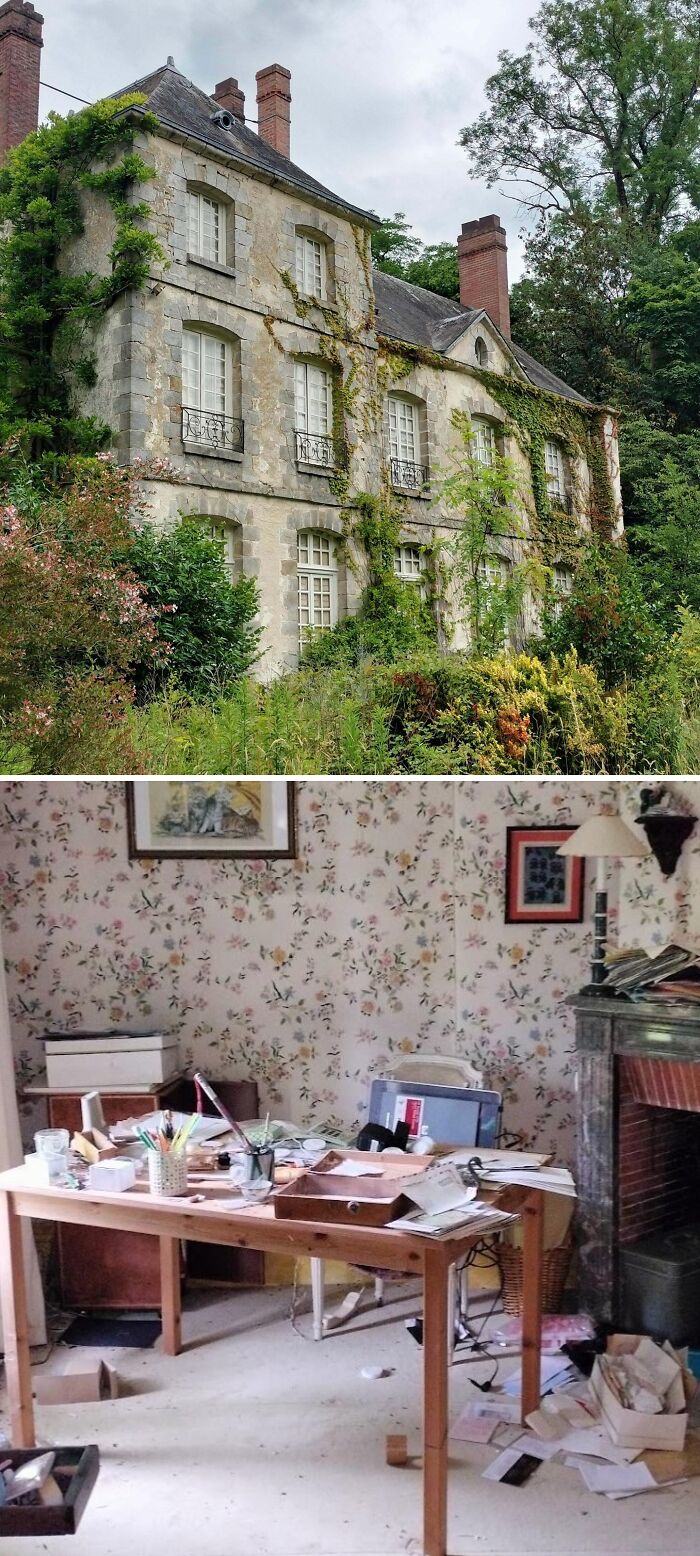 Urban explorers discovered an overgrown, abandoned house exterior and a messy, disused room with floral wallpaper.