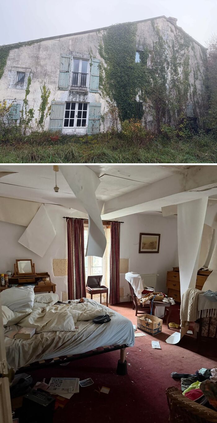 Urban explorers found a vine-covered abandoned house and a messy room with falling ceiling panels.