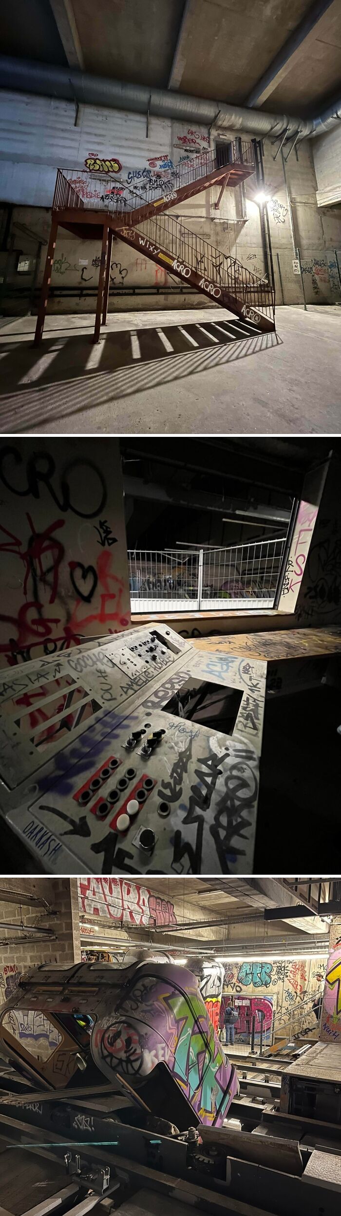 Urban explorers discovered an abandoned, graffiti-covered space with stairs, a control panel, and a ride.