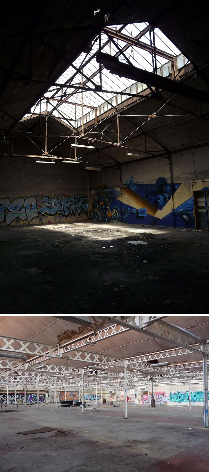 Urban explorers find an unexpected, abandoned warehouse with a skylight, graffiti-covered walls, and a large empty space.