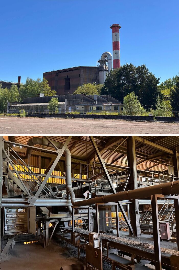 Urban explorers stumble upon an unexpected, massive industrial complex with a tall chimney and complex machinery inside.