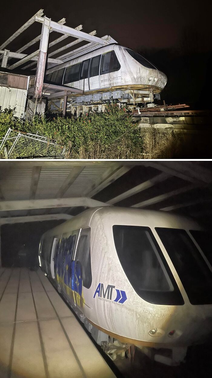 Urban explorers found a derelict monorail car, half-demolished structure, and another train car in a dark, abandoned station.