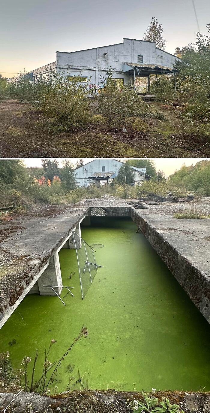 Urban explorers discovered an abandoned building with graffiti and an outdoor pool filled with bright green algae.