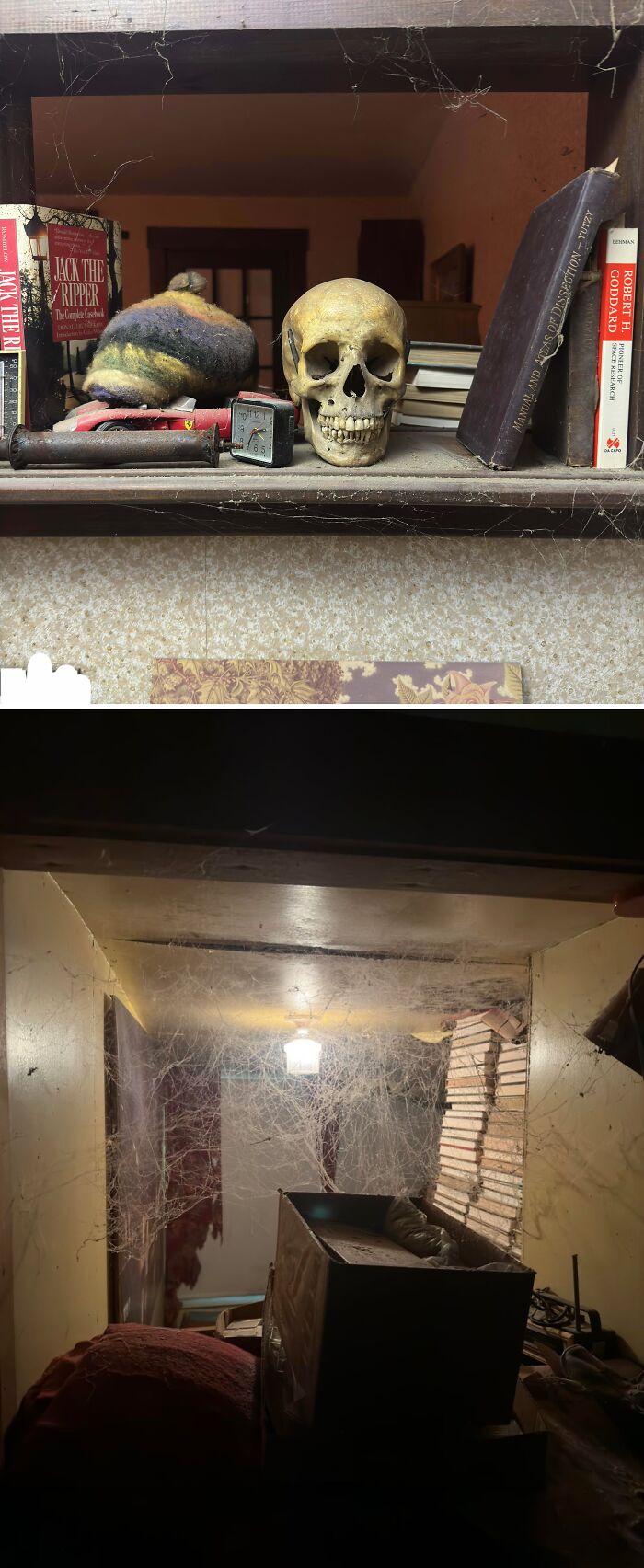 Urban explorers stumbled upon a shelf with a skull, old books, and a knitted cap, and a room filled with cobwebs and forgotten items.