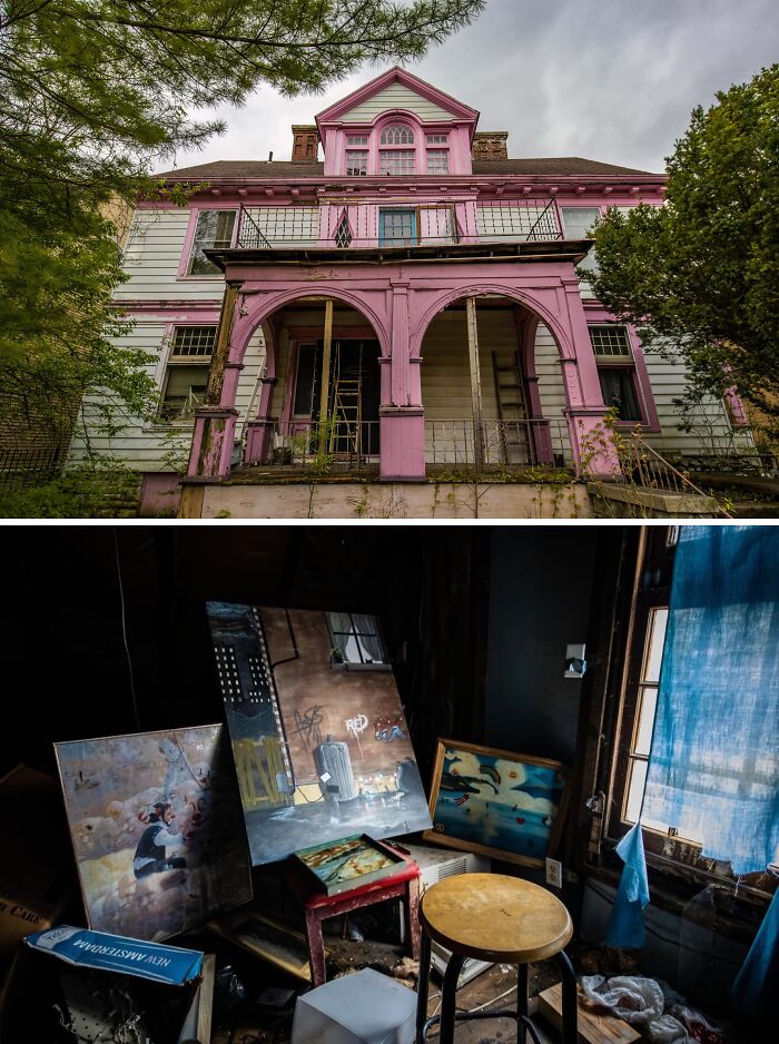 Urban explorers found an abandoned pink house with old paintings inside.