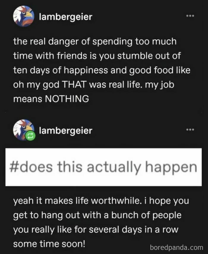 A Tumblr post reflecting on the real danger of spending too much time with friends, leading to internet chaos and existential thoughts.