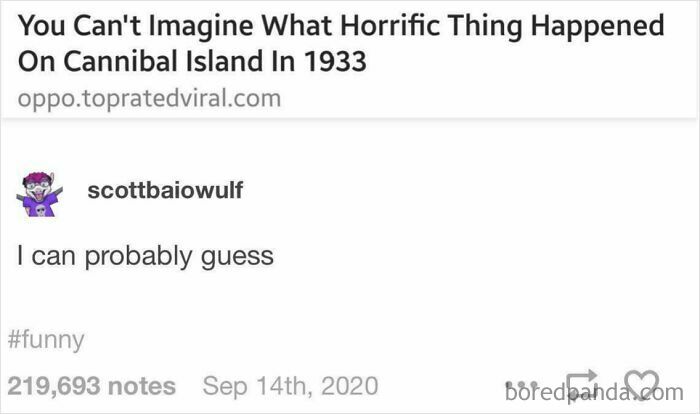 A Tumblr post about internet chaos on Cannibal Island in 1933, prompting a user's humorous guess.