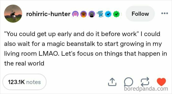 A Tumblr post about early mornings, delivering internet chaos with a humorous take on magic beanstalks.