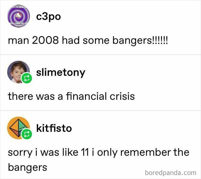 A Tumblr post about 2008 music and the financial crisis, highlighting internet chaos.