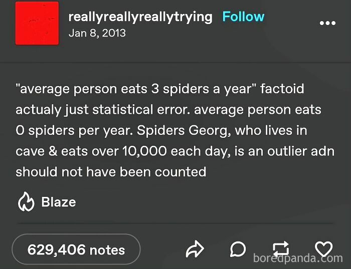 A Tumblr post humorously debunking the 'eating spiders' myth with an outlier character, adding to internet chaos.