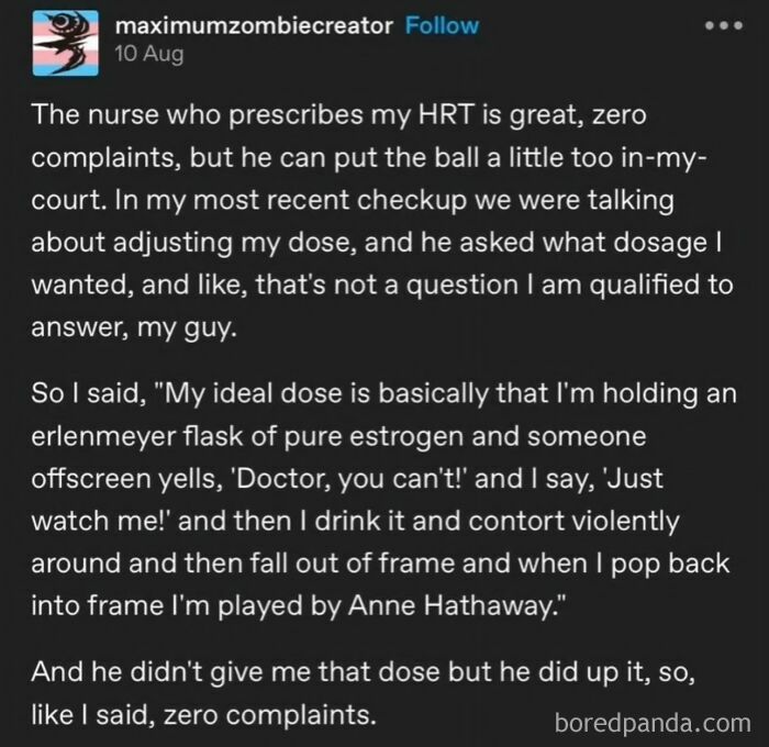 A Tumblr post discussing a humorous interaction about HRT dosage, exemplifying internet chaos.