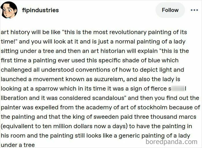 A Tumblr post humorously discussing art history, delivering internet chaos with an over-analysis of a simple painting.