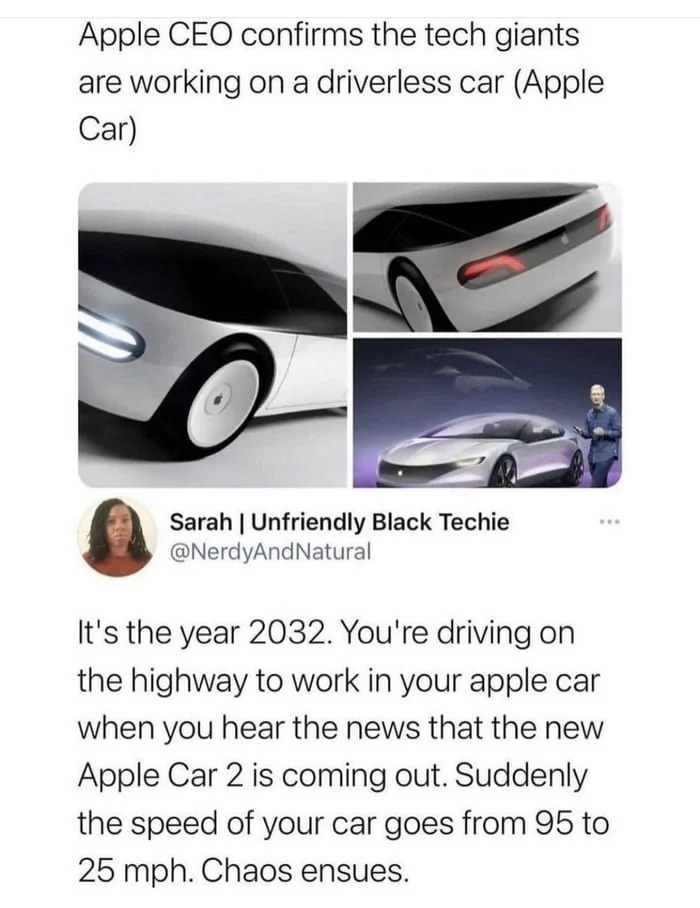 A tweet about the Apple Car and a funny, confusing scenario in 2032, showing people being way too specific.