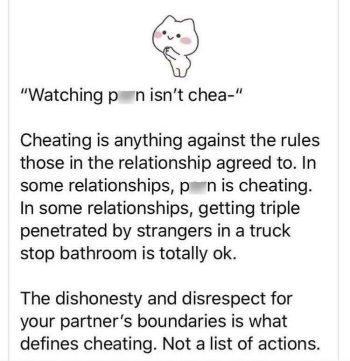 A screenshot of a specific and funny discussion about cheating in relationships.