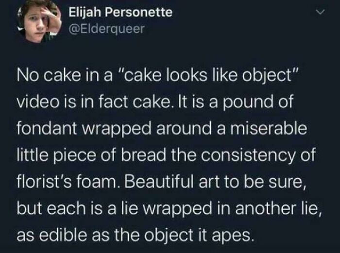 A funny tweet by Elijah Personette describing cake in a cake looks like object video, an example of people being way too specific.