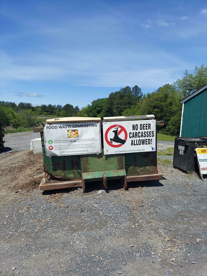 A composting bin with signs that read Food Waste Composting and No Deer Carcasses Allowed, demonstrating different photos of the USA's unique features.