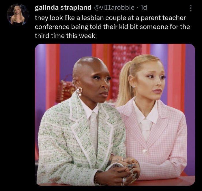 Funny image of a lesbian couple, comparing their expressions to parents at a conference about their child biting someone.