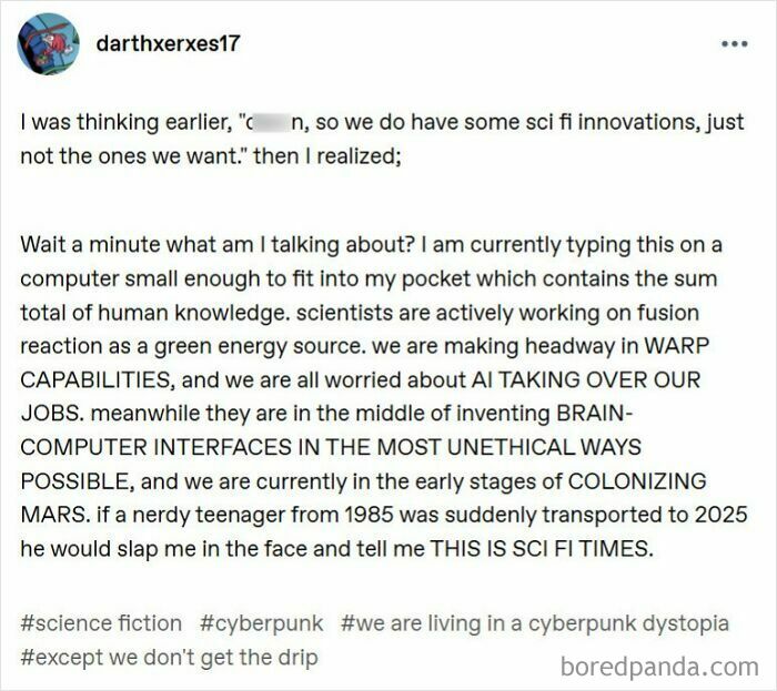A Tumblr post discussing current scientific advancements as a type of Internet chaos and sci-fi reality.