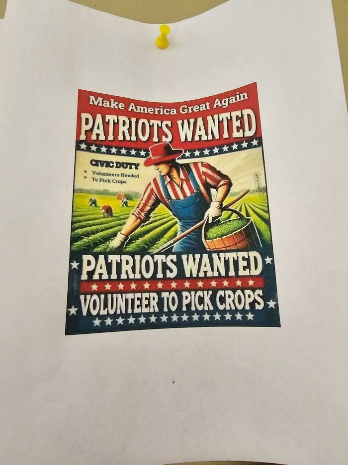 A poster with the words 'Patriots Wanted' and an image of a person picking crops, highlighting the different photos of USA.