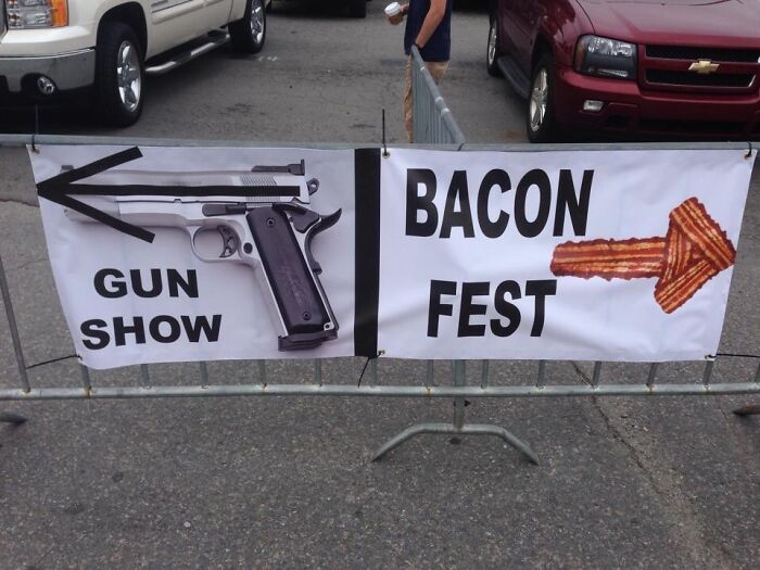 Two banners in the USA point to a Gun Show and a Bacon Fest, highlighting the USA's varied cultural events.