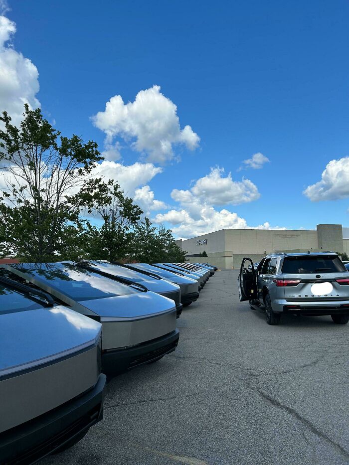 A line of modern cars in a parking lot under a blue sky, among the fascinating photos of the USA.