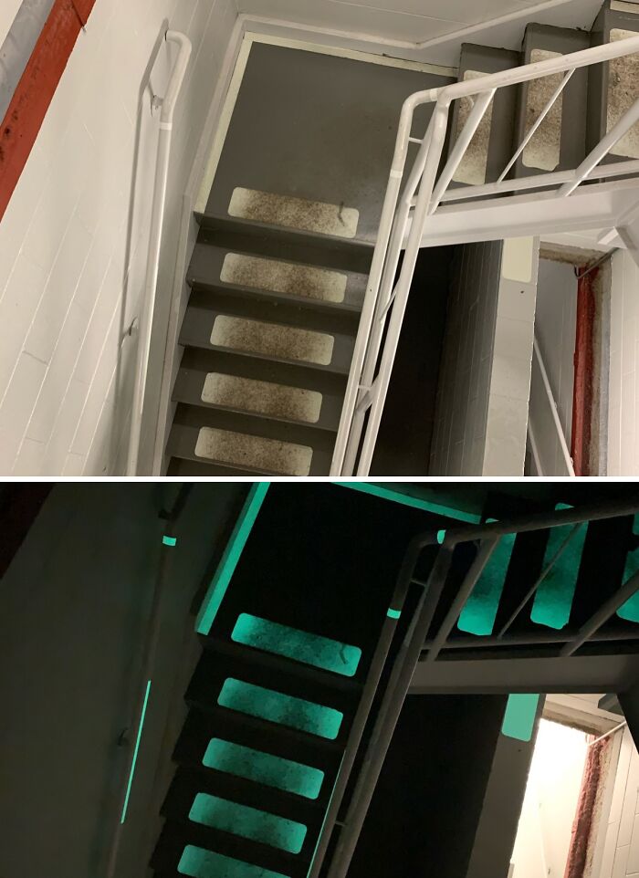 Stairs with glow-in-the-dark strips, an ordinary thing transformed brilliantly for safety and enjoyment.