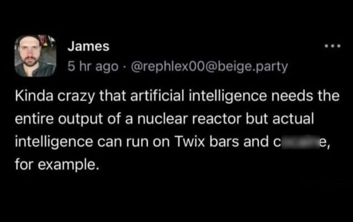 A screenshot of a tweet about artificial intelligence and actual intelligence, showing funny and specific thoughts.