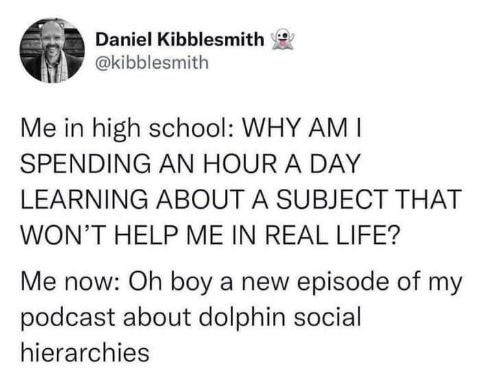 A funny tweet comparing high school learning to adult interests, showing people being way too specific.