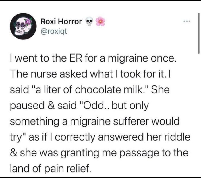 A funny and confusing tweet about a migraine sufferer being way too specific with their remedy of chocolate milk.