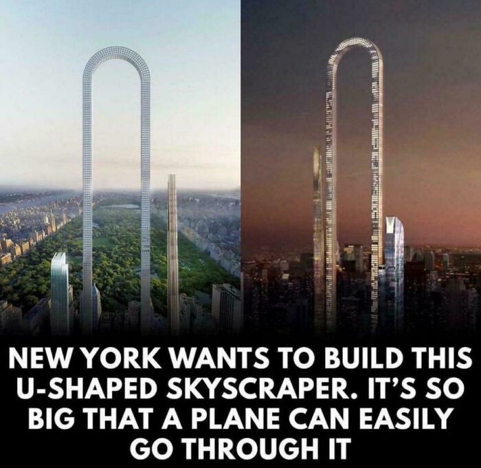 A funny image showcasing a confusing, U-shaped skyscraper design in New York City that is way too specific.