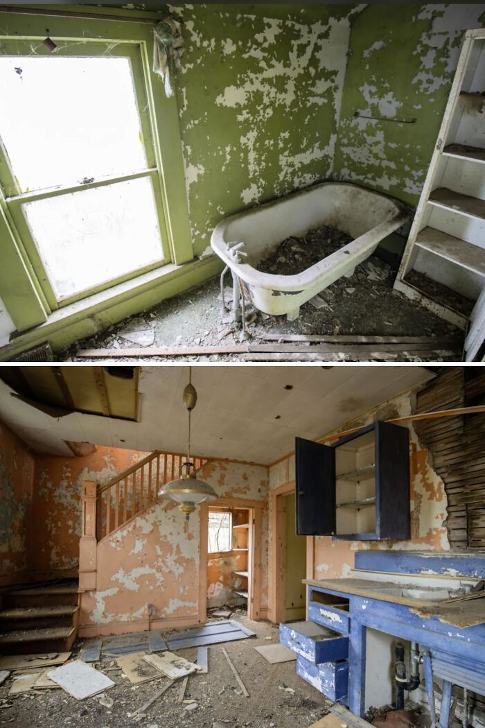 Two images show abandoned rooms with peeling paint and debris, revealing unexpected finds for urban explorers.