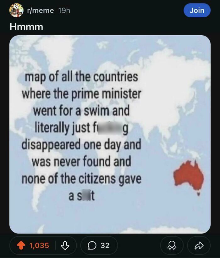 Funny map showing Australia, highlighting the country where the prime minister disappeared and citizens didn't care.