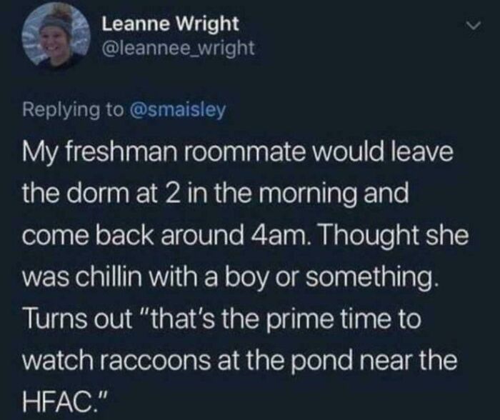 A funny tweet about a college roommate being way too specific about watching raccoons.