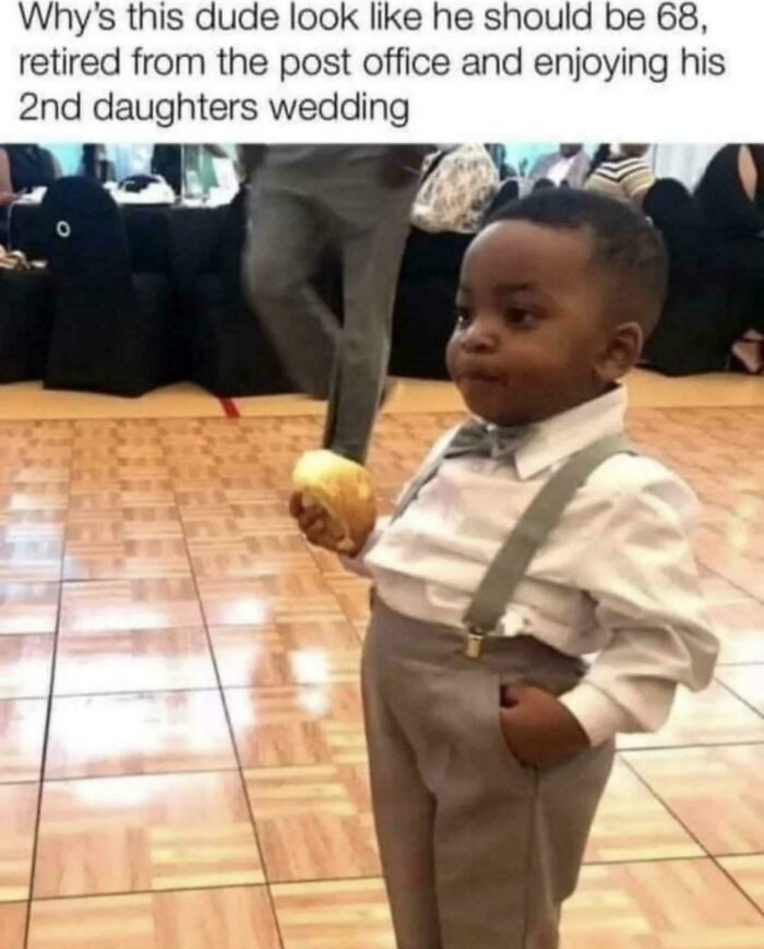 A funny image of a young boy in a suit, looking like he is 68 and retired, an example of people being way too specific.