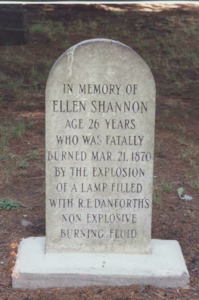 A confusing gravestone example for Ellen Shannon, who was fatally burned by a non-explosive fluid, showing people being way too specific.