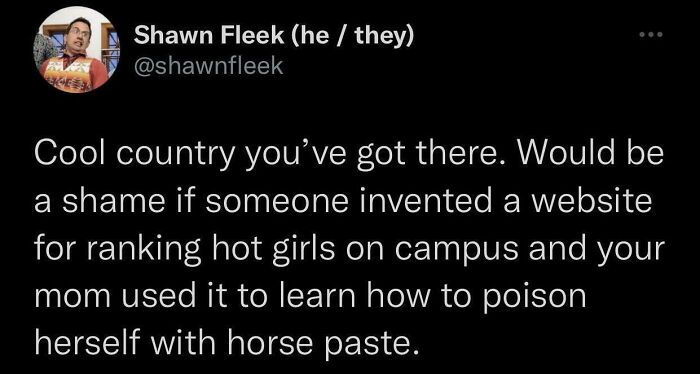 A funny and confusing example from a tweet about a website for ranking hot girls, leading to specific, dark humor.