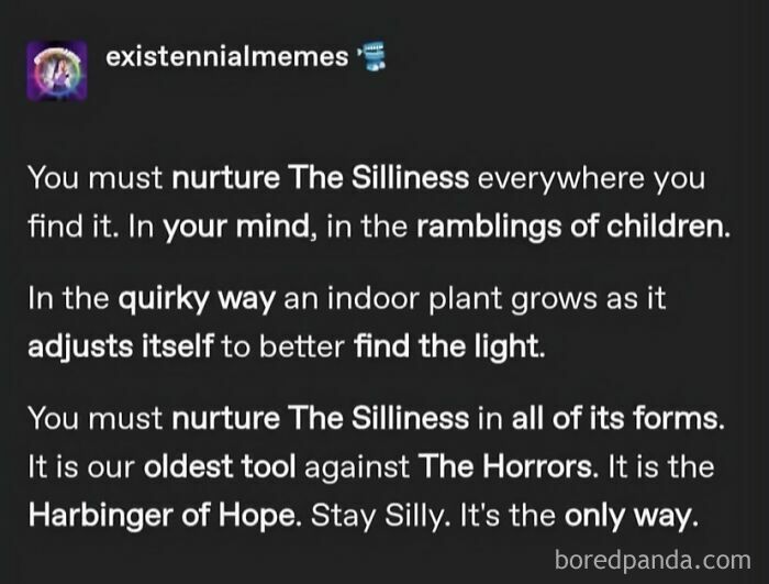 A Tumblr post from existentialmemes encouraging the nurturing of silliness as a tool against horrors, showing internet chaos.