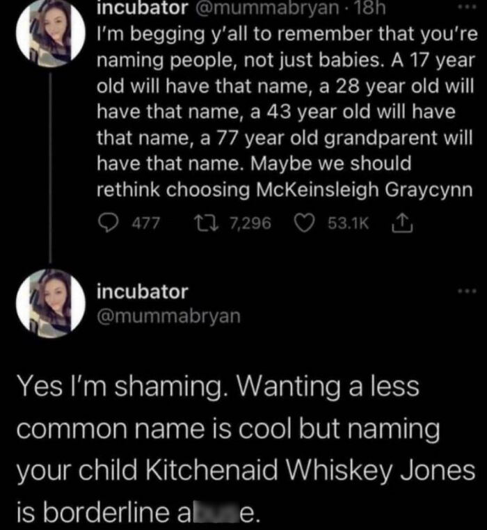 A tweet about people being too specific with baby names, advising against Kitchenaid Whiskey Jones.