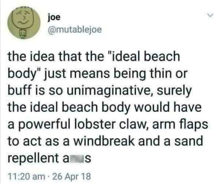 A tweet about funny and confusing examples of an ideal beach body with a lobster claw and arm flaps.