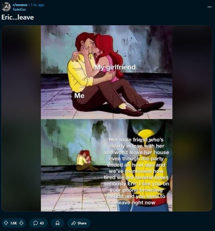 A funny image depicting a man embracing his girlfriend, while a male friend is being too specific about leaving.